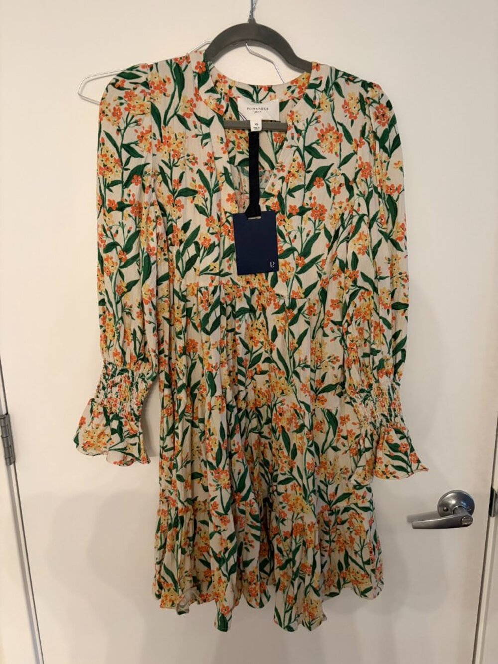 NWT Pomander Place Floral Long Sleeve Tiered Dress Orange Green Ivory Size XS